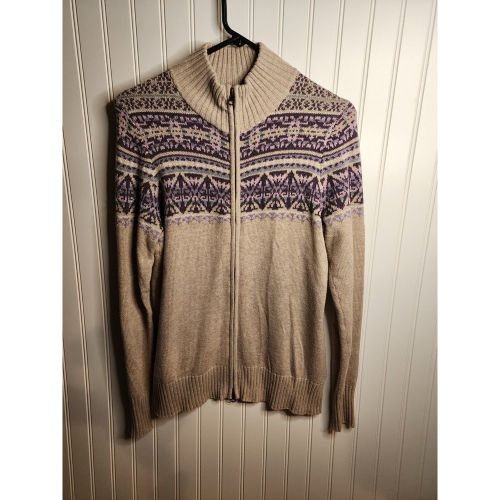 Eddie Bauer Sweater Womens Medium Petite Gray‎ Blue Fair Isle Zip Long Sleeve